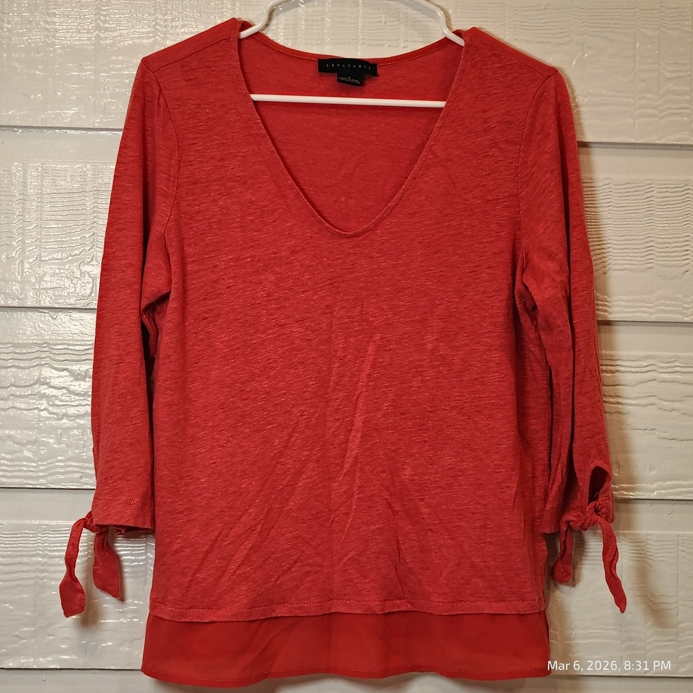 Sanctuary V-Neck Top Women L Coral Red Linen 3/4 Tie Sleeve Layered Casual Boho